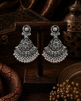 Ornate Silver Pearl Chandelier Earrings - Kira
