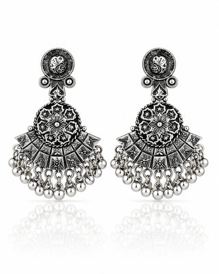 Ornate Silver Pearl Chandelier Earrings - Kira