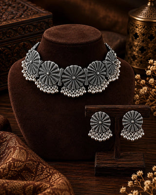 Floral Heritage Oxidised Silver Choker Set - Salboni