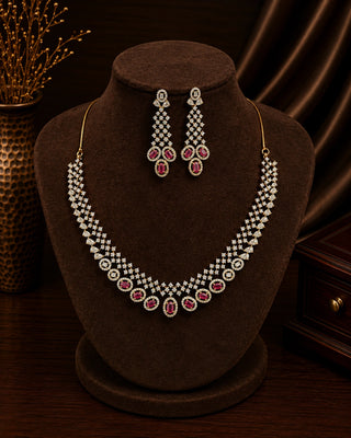 Mesmerizing Ruby Statement AD Necklace Set - Wani
