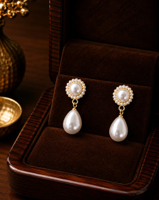 Elegant Pearl Halo Drop Earrings - Tinsley
