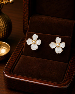 Pearlescent Gold-Edged Flower Stud Earrings - Leni