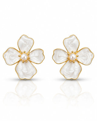 Pearlescent Gold-Edged Flower Stud Earrings - Leni
