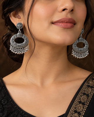 Ornate Silver Pearl Chandelier Earrings - Ishtar