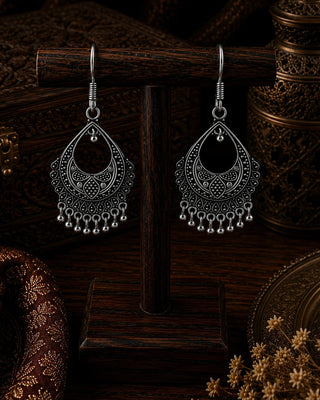 Ornate Silver Teardrop Chandelier Earrings - Mihira
