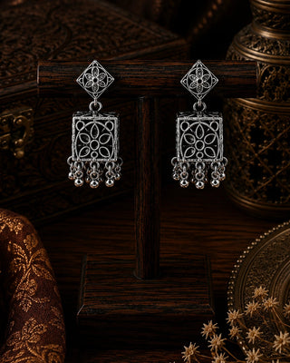 Ornate Oxidised Silver Jhumka Earrings - Medha