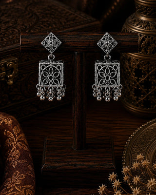 Ornate Oxidised Silver Jhumka Earrings - Medha