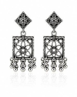 Ornate Oxidised Silver Jhumka Earrings - Medha