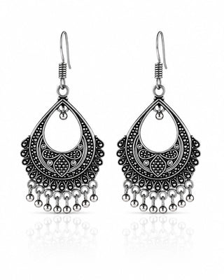 Ornate Silver Teardrop Chandelier Earrings - Mihira