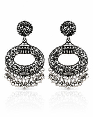Ornate Silver Pearl Chandelier Earrings - Ishtar