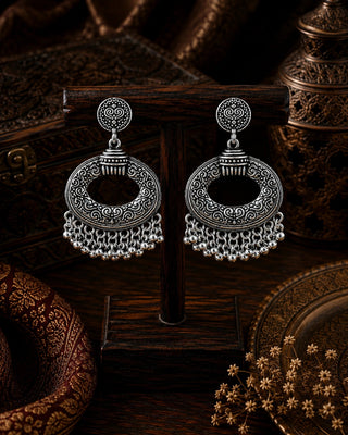 Ornate Silver Pearl Chandelier Earrings - Ishtar