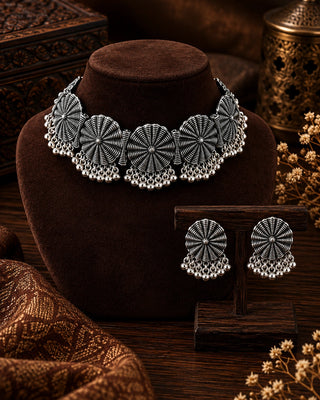 Floral Heritage Oxidised Silver Choker Set - Salboni