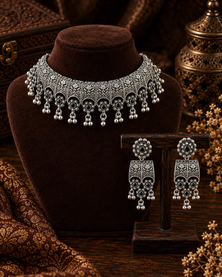 Floral Heritage Oxidised Silver Choker Set - Salboni