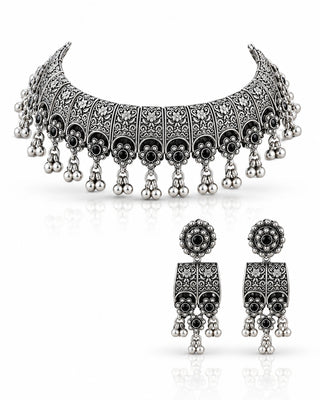 Floral Heritage Oxidised Silver Choker Set - Salboni