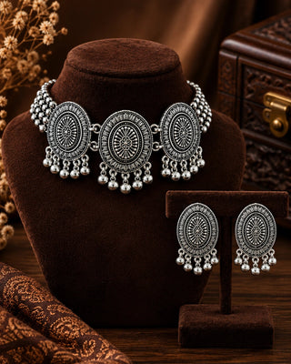 Floral Heritage Oxidised Silver Choker Set - Hetty