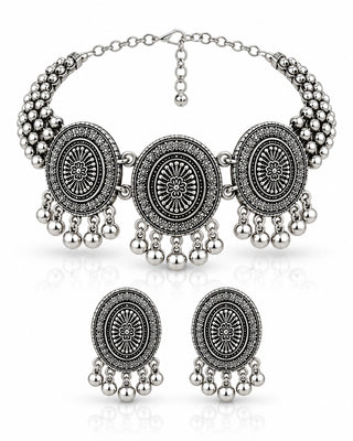 Floral Heritage Oxidised Silver Choker Set - Hetty