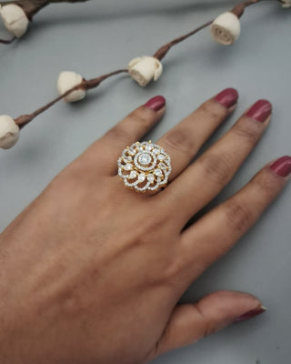 Designer Floral Cocktail Ring - American Diamond Ring | Main Product View | Buy Online India | Zevarly