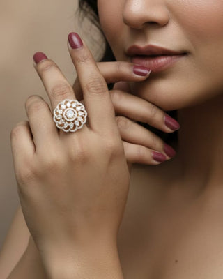 Designer Floral Cocktail Ring - American Diamond Ring | Model Wearing View | Buy Online India | Zevarly