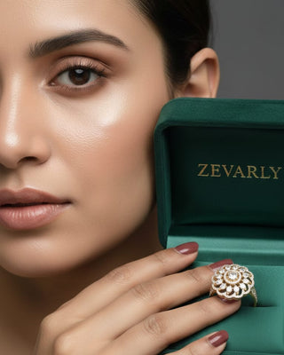Designer Floral Cocktail Ring - American Diamond Ring | Side Angle View | Buy Online India | Zevarly