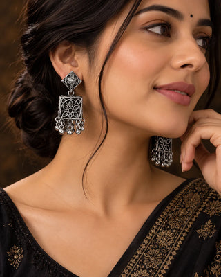Ornate Oxidised Silver Jhumka Earrings - Medha