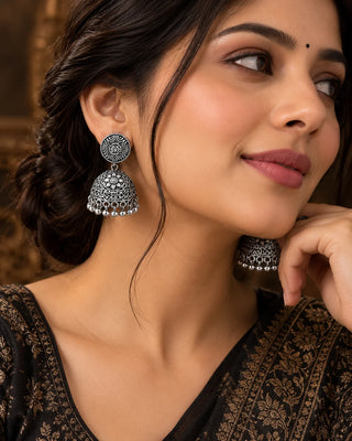 Ornate Oxidised Silver Jhumka Earrings - Darika