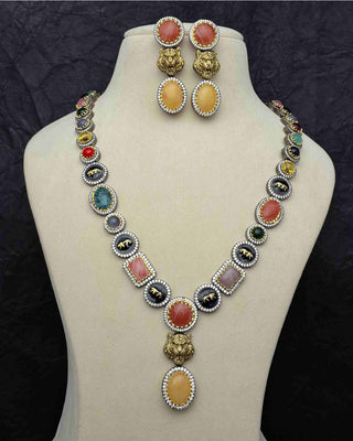 Harshi Lotus AD Necklace Set from Zevarly - Detailed view of the elegant artificial jewelry with lotus design