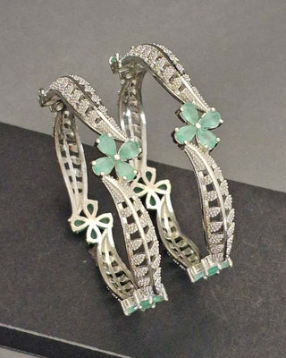 Indrasena Flower Rhodium Silver Bangles with intricate floral design Green 