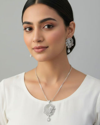 Meher Silver Pendant Set - AD Pendant Set | Model Wearing View | Buy Online India | Zevarly