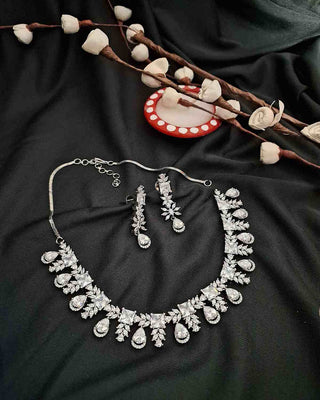 NAYNA CZ NECKLACE SET WHITE SILVER PLATED - Zevarly