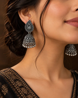 Ornate Oxidised Silver Jhumka Earrings - Charvi