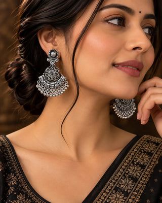 Ornate Silver Pearl Chandelier Earrings - Kira