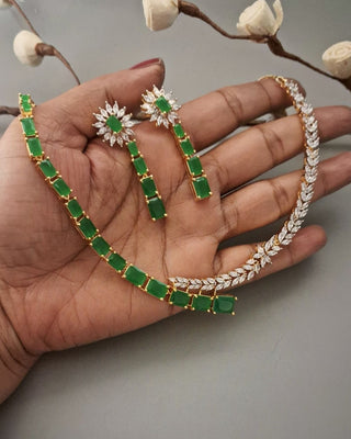 Orvina Luxe Minimal Necklace Set - AD Necklace Set | Full Set View | Buy Online India | Zevarly