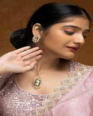 Ramika Gold Plated in Decorative Frame - AD Pendant Set | Model Wearing View | Buy Online India | Zevarly