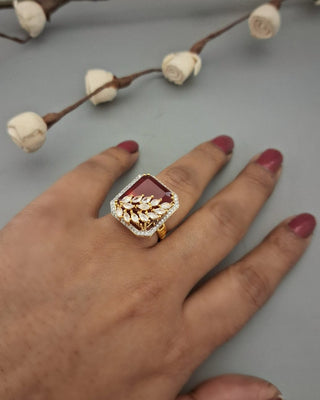 Sania Preetiest Ruby CZ Ring - American Diamond Ring | Front Close-Up | Buy Online India | Zevarly