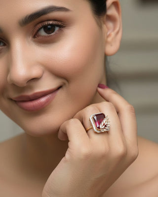Sania Preetiest Ruby CZ Ring - American Diamond Ring | Model Wearing View | Buy Online India | Zevarly