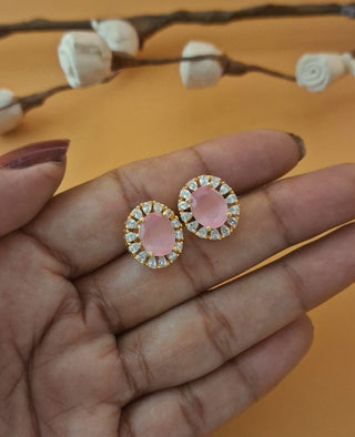 Shivani Elegance Pink Ad Studs - AD Earrings | Earring Pair Close-Up | Buy Online India | Zevarly
