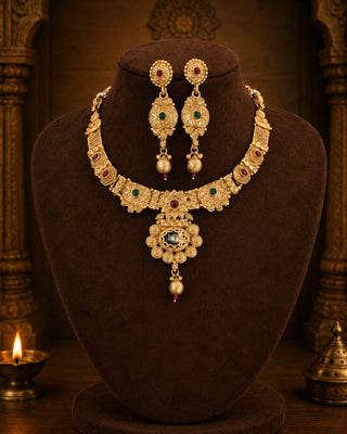Grace Temple Kundan Fusion Necklace Set- Sirodhara