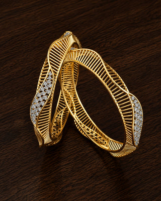 Wave Pattern Two Tone Plated Premium CZ Broad Bangles - Chetna