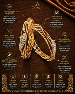 Wave Pattern Two Tone Plated Premium CZ Broad Bangles - Chetna