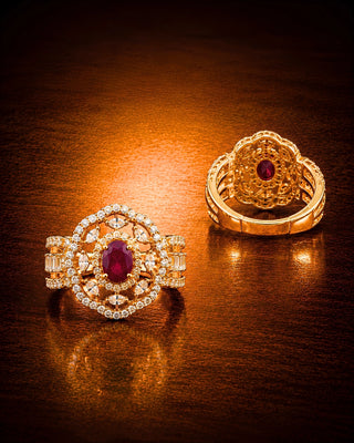 Luxe Ruby Floral Cocktail Adjustable Ring - Kavika