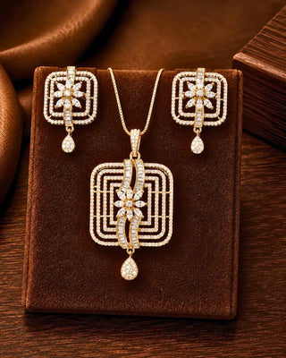 Square Maze Gold-Tone Pendant Set - Roza - AD Pendant | Zevarly (Image 1)