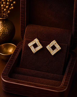 Square Allround Bagutte Dailywear AntiFade Studs - Santi - AD Earring | Zevarly (Image 1)