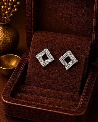 Square Allround Dailywear Rhodium AntiFade Studs - Sanmista - AD Earring | Zevarly (Image 1)