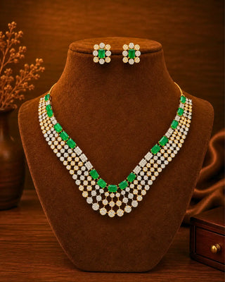 Royal Emerald Modern Partywear Necklace Set - Avyanna - AD Necklace | Zevarly (Image 1)