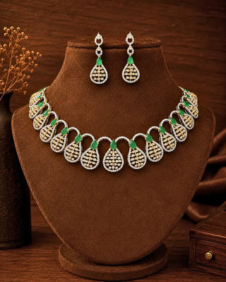Green Gold Whisper Racket Necklace Set - Vamisha