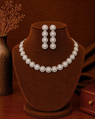 Solitare Look Rhodium Ball Necklace Set - Rupika