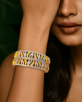 Woman wearing a colorful bracelet on her wrist with a blurred background