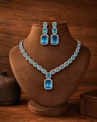 Aqua Color Stunning Rhodium Necklace Set - Harshita