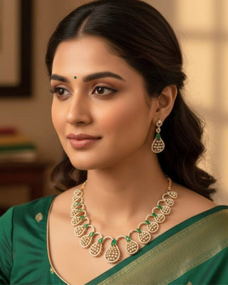 Vamisha Gold Whisper Necklace Set - AD Necklace Set | Main Product View | Buy Online India | Zevarly