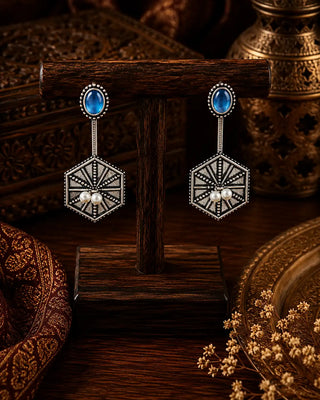 Ornate Geometry Inspired Oxidised Earrings - Arij